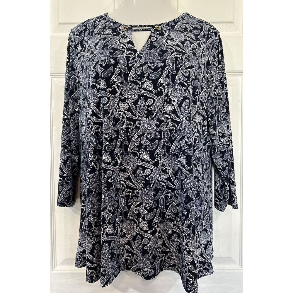 Magnolia Grace Blue & White Floral Paisley Tunic Top Blouse Plus Size XXL
